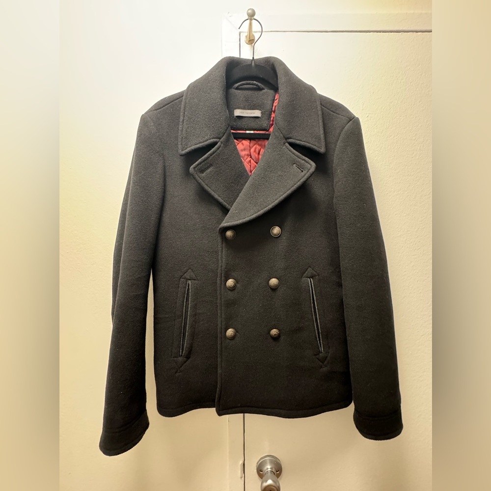 $698 John Varvatos Carlos Black Wool Peacoat Size 46 Small New With Alteration